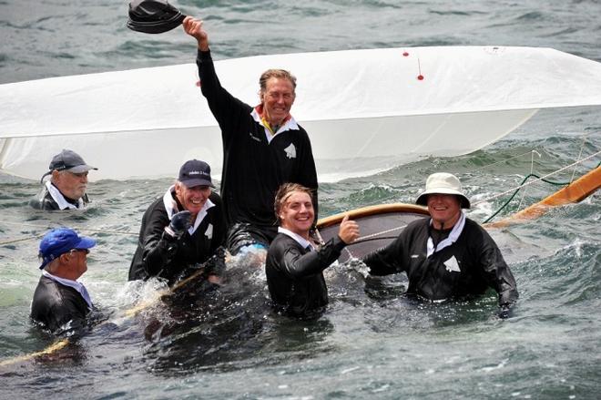 Top Weight's crew goes swimming - 2016 Historical 18 Foot Skiff Australian Championship © Bruce Kerridge